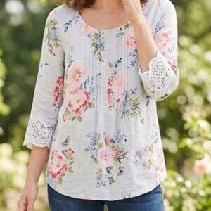 J. Jill | Love Linen Icy Blue Floral & Bird Blouse with Lace Trimmed Cuffs | SP